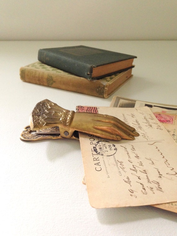 Vintage Victorian Solid Brass Hand Memo Holder Desk or Office