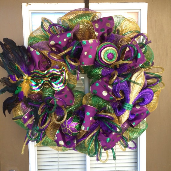 Mardi Gras Feathered Mask and Fleur de Lis Wreath