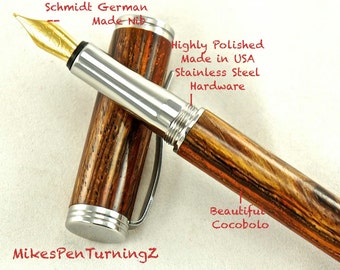 Custom Wooden Pen Hand Turned Custom Fountain Pen Beautiful Cocobolo and Made In USA Stainless Steel Hardware 622FPSSE