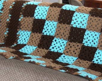 Crochet Granny Square Afghan Brown Tan and Aqua