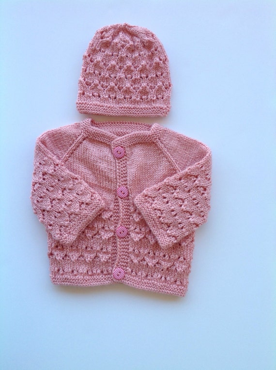 Hand knitted baby sweater- cardigan and hat set 0-3 month old girl ...