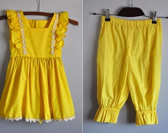 70s Dress & Pants SET Yellow Floral Summer Boho Summer Beach Party Hippie Festival Colorful Estimated 3 4 5 6 Years Old