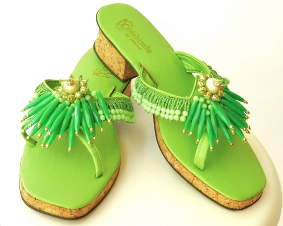 ... Hippie Boho Sandals  Mules -- Lime Green Beaded Vegan Shoes -- 6  7