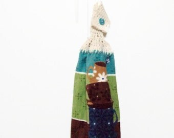 Coffee - Tea - Lovers - Stacked Coffee Cups - Hanging Kitchen Towel - Crochet Top - Button Towel