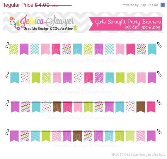 50% OFF - INSTANT DOWNLOAD, girls straight bunting banners, banner clipart, pink, green, blue, purple, patterned, for commercial use, invite Il_570xn
