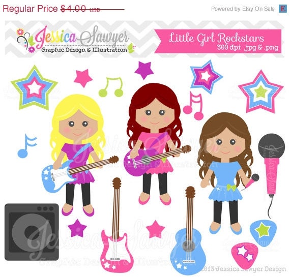 50% OFF - INSTANT DOWNLOAD, little girl rockstar clipart, rockstar clip art, guitar graphic, for commercial use, printable, birthday invite Il_570xn