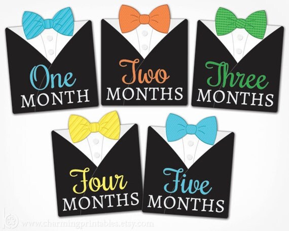 Monthly Bow Tie Stickers - Instant Download PRINTABLE DIY - Little Man Bow Tie Black Tux Month by Month Milestone Growth Stickers Il_570xn