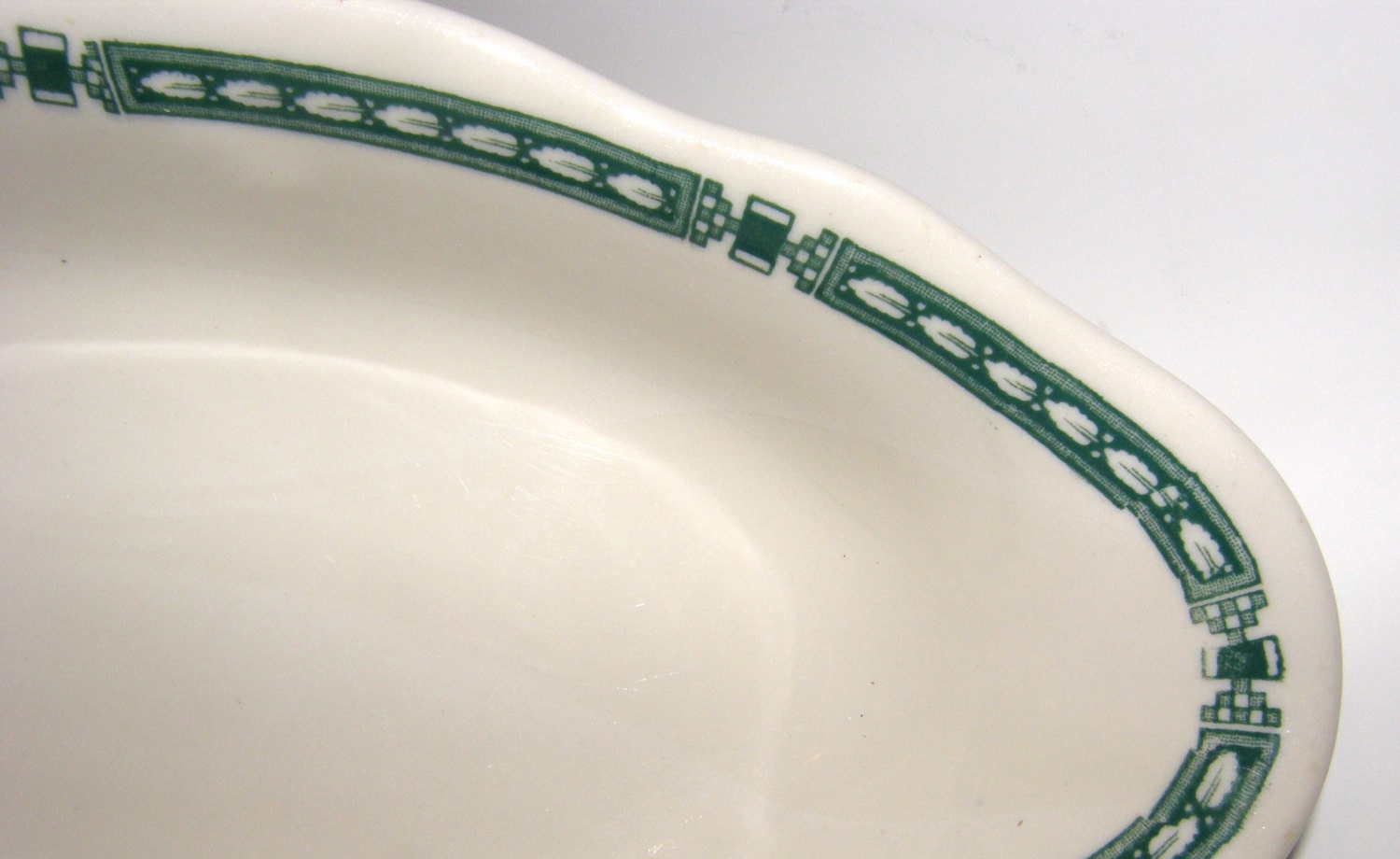 1940s Restaurant Ware Bowl by Walker China, Vitrified Cream and Green, Walker Stoneware, Green