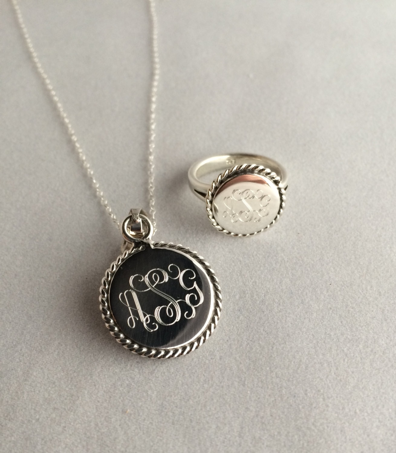 Nautical Rope Monogrammed Ring and Necklace Set in Sterling