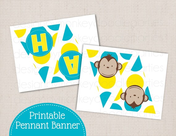 Boy's Mod Monkey Birthday Party Printable DIY Pennant Banner "HAPPY BIRTHDAY" Il_570xn