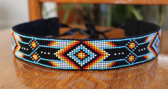 Multi Colored Beaded Headband with Native American Pattern and