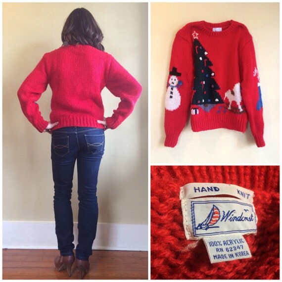 Vintage Hand Knit Christmas Sweater with Adorable Christmas