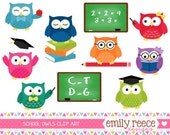 50% OFF - Owls School Teacher Graduation Books Cute Clip Art - Commercial Use - Scrapbooking Invitations Cards - Instant Download Il_170x135