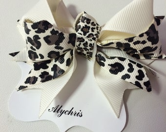 Ivory & Cheetah Print Ribbon Bow Hair Clip, Animal print hair clip, Bow hair clip