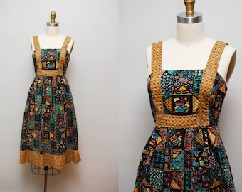 Vintage 70s 'Mosaic Tile' Cotton Sun Dress / NEUSTETERS Printed Day Dress with Scoop Back