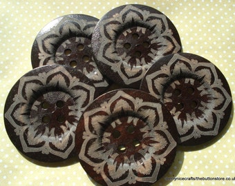 60mm Dark Wood Buttons Etched Pattern Pack of 3 6cm Wood Buttons W609