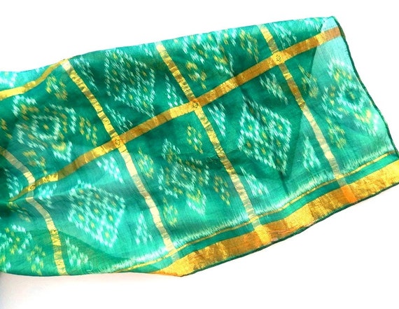 Long Green Scarf, Green Ikat Scarf, Green SIlk Scarf, Indian Scarf, Tie Dye Gypsy Scarf, Tribal Scarf, Long Silk Scarf, Green Scarf