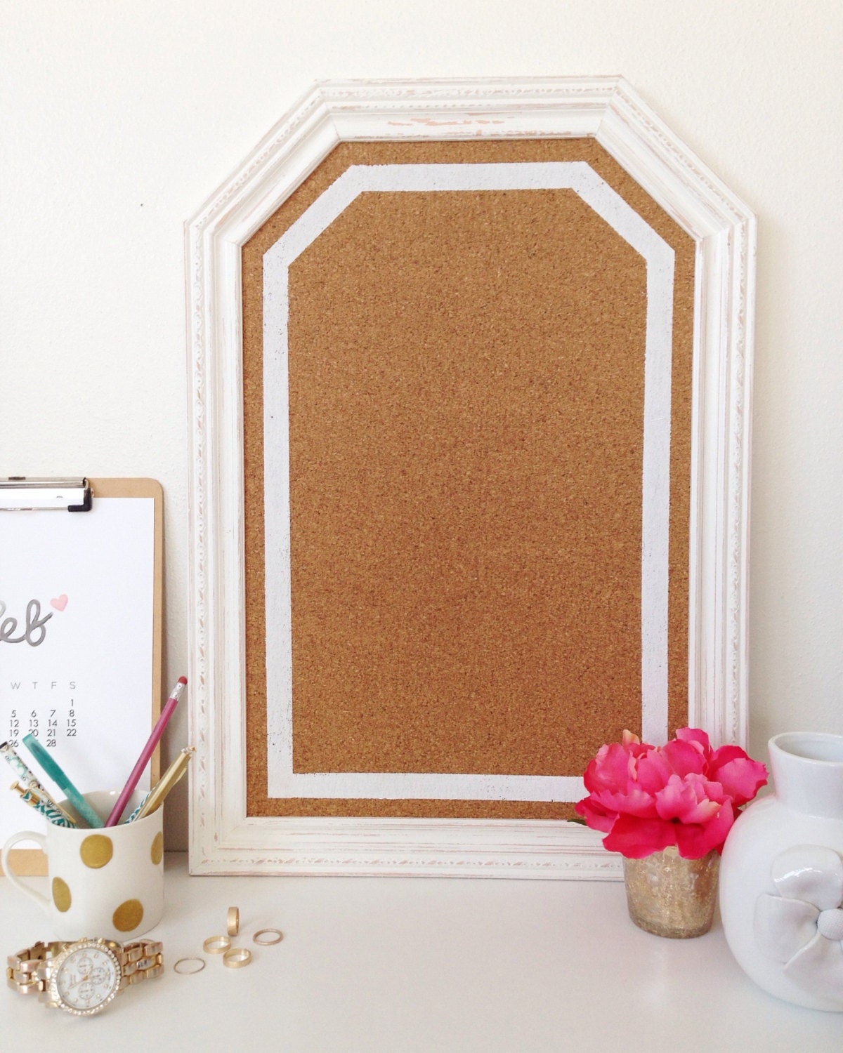 White Stripe Memo Board / Bulletin Board / Pink Blush Office