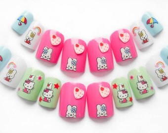 Cute Kawaii Fake Nails with Kitties Bunnies and Hearts, Artificial ...