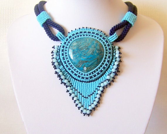 Bead Embroidery Necklace Pendant Beadwork with Blue by lutita