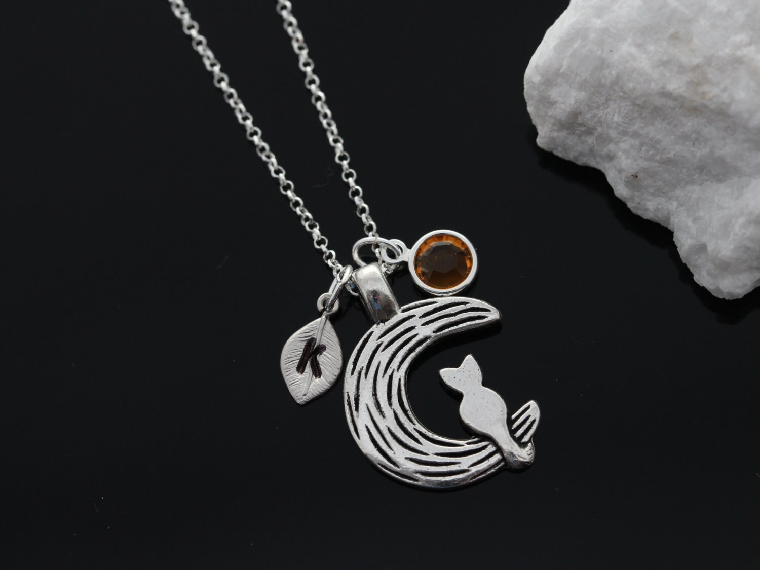 Personalized Cat on the moon necklace on sterling silver chain