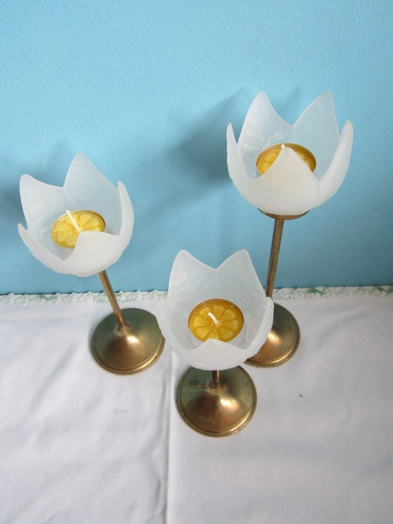 3 Brass and frosted glass Tulip Candle Holders by GingerNIrie