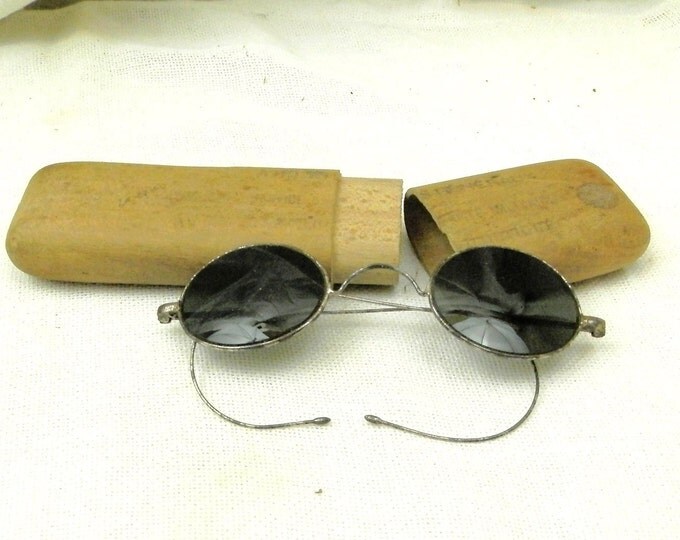 Antique French Silver Plated Sunglasses / Spectacles With Wooden Case / Steam Punk / French Fashion / Victorian / Gentleman/ Vintage French