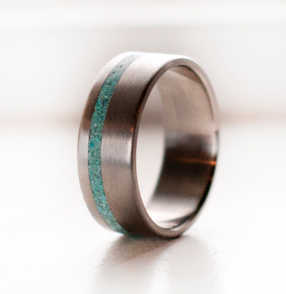 Mens Wedding Band Titanium and Turquoise Ring by