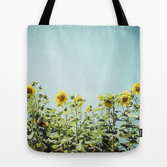 TOTE BAG Sunflowers - Summer Decor Bag - Teal Blue and Yellow Print - Valentine's Gift for Her - Nature Photography - Love - Sun - Flowers