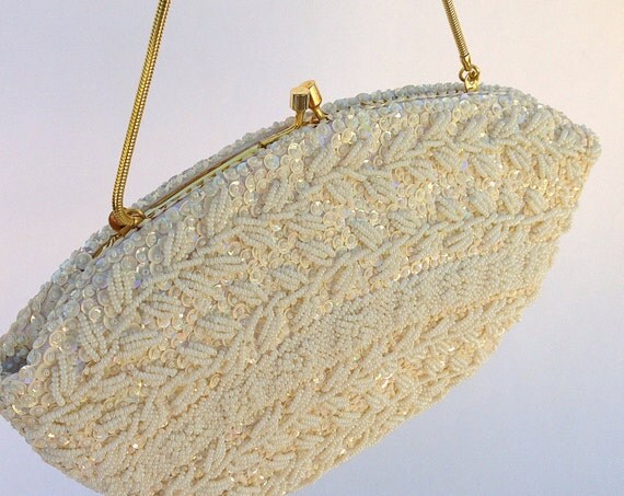 Vintage Beaded Evening Bag In Ivory, New Old Stock 1968, Bridal Purse ... Vintage Beaded Evening Bag In Ivory, New Old Stock 1968, Bridal Purse ...