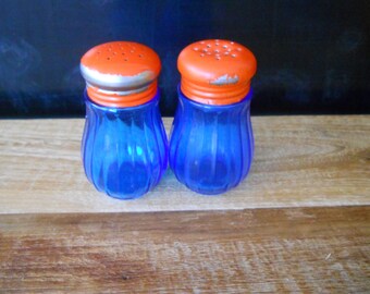 Cobalt and Red Glass Salt and Pepper Shakers