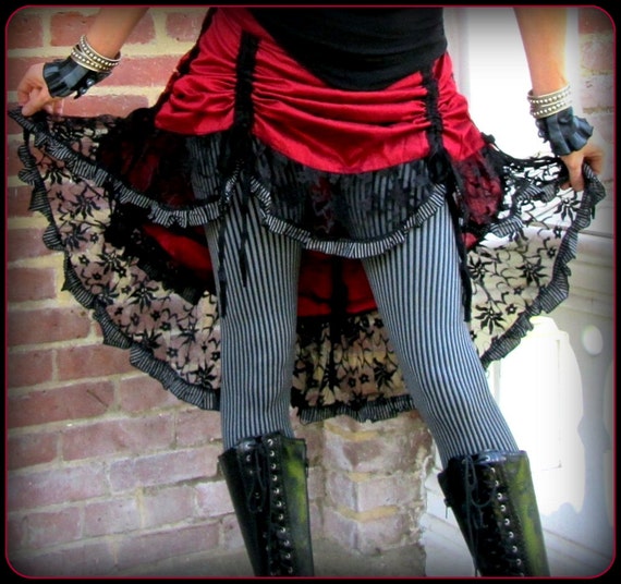 Scarlet Red Steampunk Pirate Skirt or fuchsia ~ Stripes Bustle Ruffles ...
