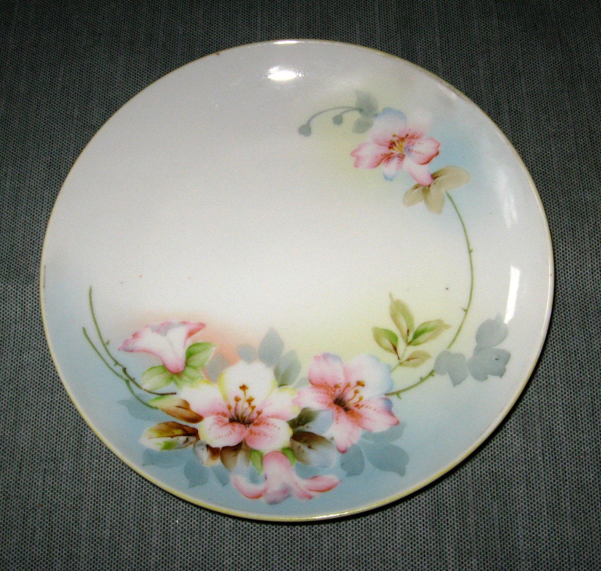 Nippon Hand Painted 8 inch Plate, Pink Hibiscus, Blue Background, Green Crown Mark (1910s
