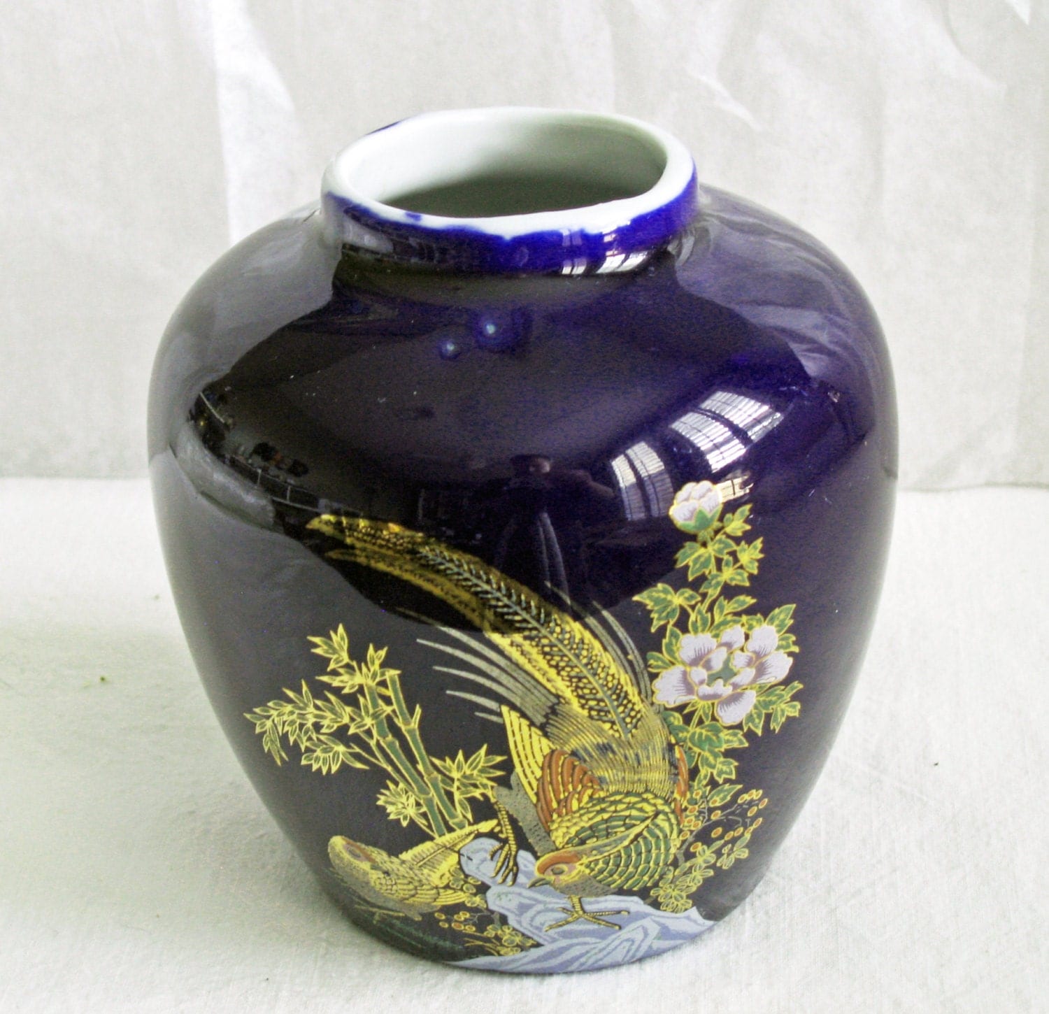 Vintage Asian Vase / Urn with Lid Cobalt Blue Pheasant