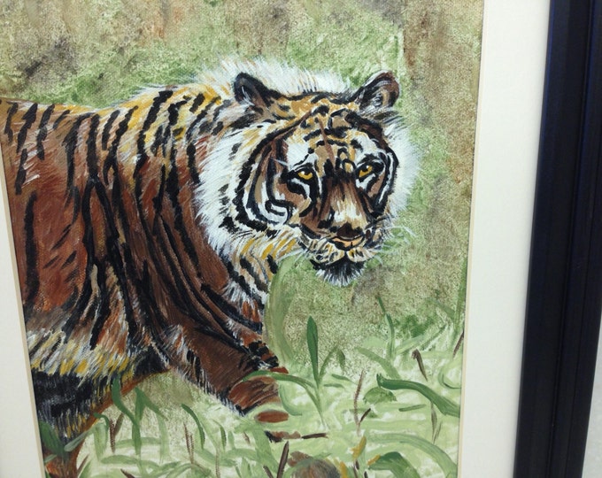 Tiger On The Prowl! Acrylic Painting on Canvas Framed in a Black Wood Frame with Ivory Matte