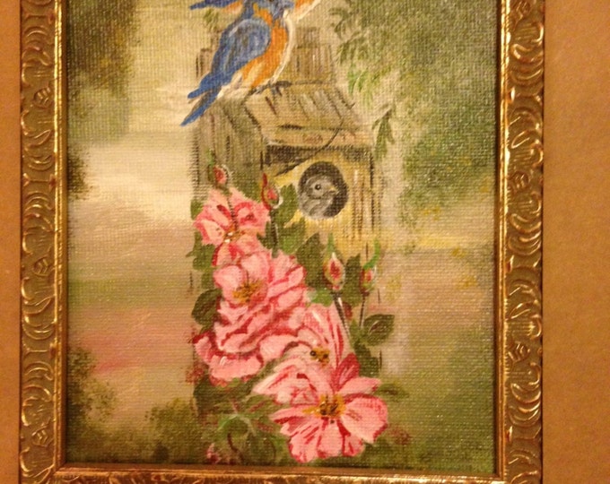 Bluebirds Nesting - 6 x 8 acrylic canvas, 16 x 20 Gold Frame, Brown matte