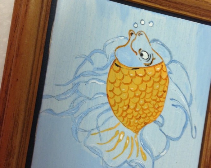 Whimsical Fish Painted on Tile and Framed in Wood