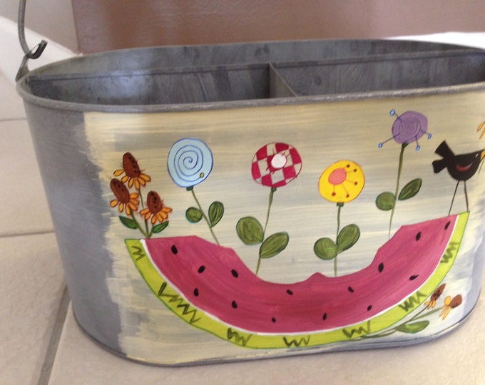 Metal Bucket Tote - 3 separate compartments - Painted on Summer Watermelon Party!