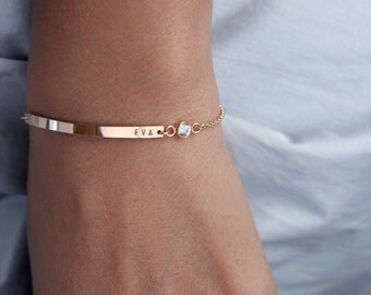 Gold bar bracelet / Birthstone bracelet / CZ bracelet / Nameplate bracelet with diamond / Bridesmaid Bracelet / Mom jewelry / Luca Jewelry