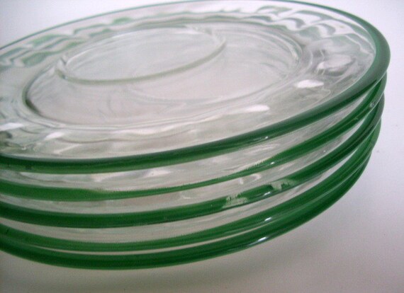 6 of holder Cup Green with   Glass  Plates cup Set Clear plates vintage Snack Plates Band   Holder glass with