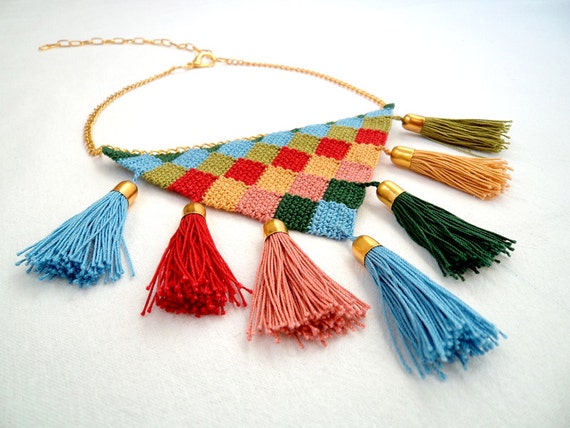 crochet necklace bib pattern with metal pattern square necklace colored elements, golden crochet