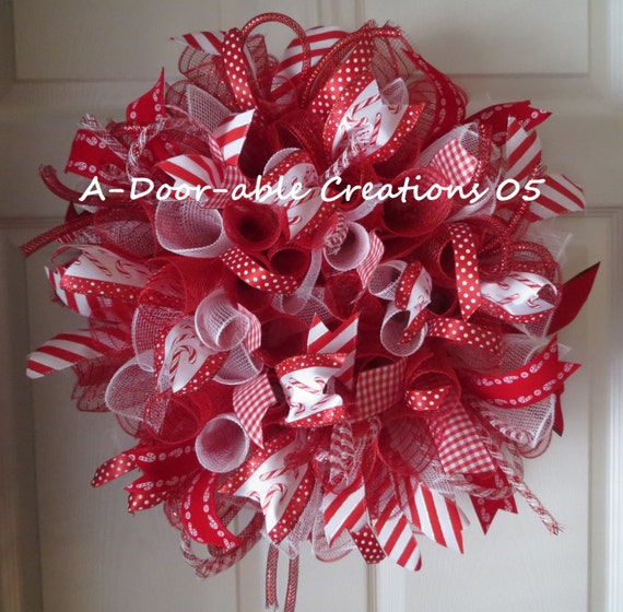 TAKE 15% Off.Use coupon code:CHRISTMAS2013...SALE..see shop for details..Candy Cane Inspired Spiral Deco Mesh Wreath