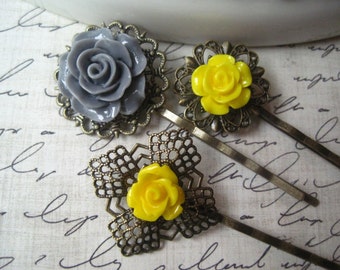 Flower Bobby Pin Set, Yellow and Gray Flowers, Pretty Flower Hairpin, Prom Hair Accessory, Bridesmaid Gift, Vintage Style Accessory
