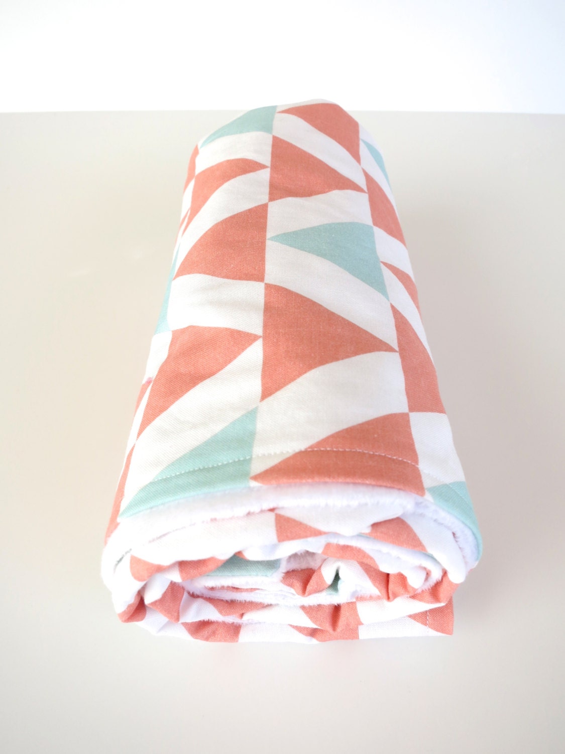 Coral mint triangles baby blanket faux fur minky peach