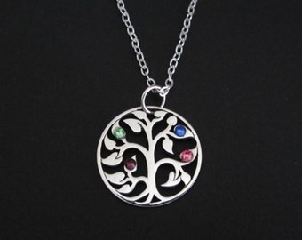 Family Tree Necklace. Personalized Sterling Silver Jewelry. Swarovski Crystal Birthstone Necklace. Tree of Life Pendant. Mother's Day Gift.