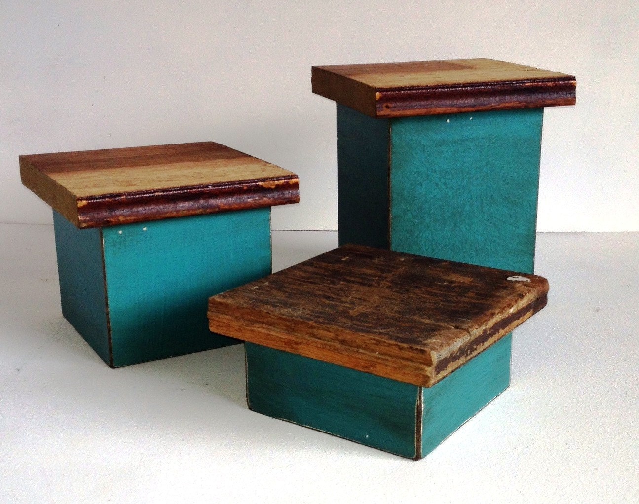 Trio of Turquoise Stands with Vintage Wood Tops-Can by UWoodLikeUs