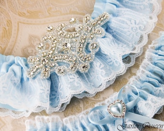 Blue Wedding Garter Set, Blue Garter Set, Bridal Garter, Blue Ribbon Garter, Rhinestone Garter, Crystal garter, Something Blue