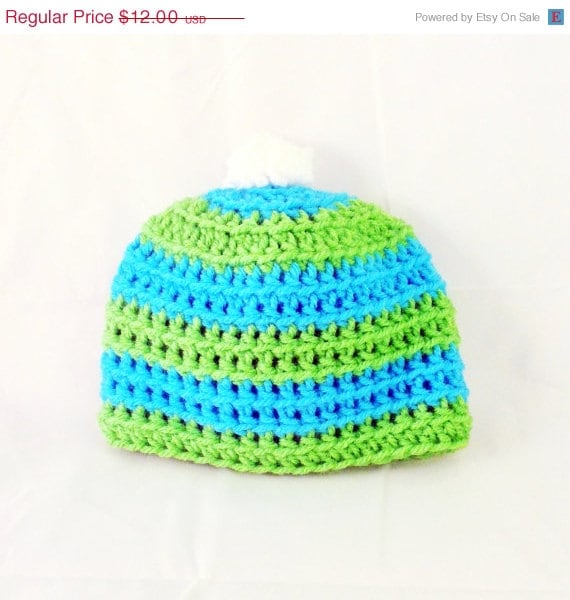 HALF OFF Crochet Newborn Hat- Blue and Green Striped Hat with White PomPom