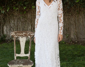 bohemian wedding dress. crochet lace long sleeve boho wedding dress gown. simple elegant dress. WHITE or IVORY. vintage inspired