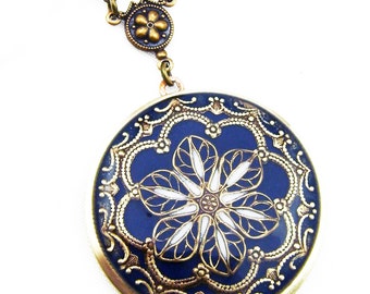 Midnight Blue Brass Filigree Flower Locket, Photo Locket, Valentine Gift For Her, Wedding Locket Picture Locket